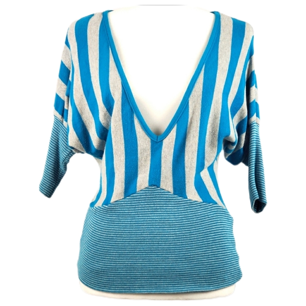 Poof sweater with dolman sleeves medium teal gray striped Anthropologie